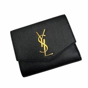 NWT Saint Laurent Black Pebbled Leather Compact Wallet